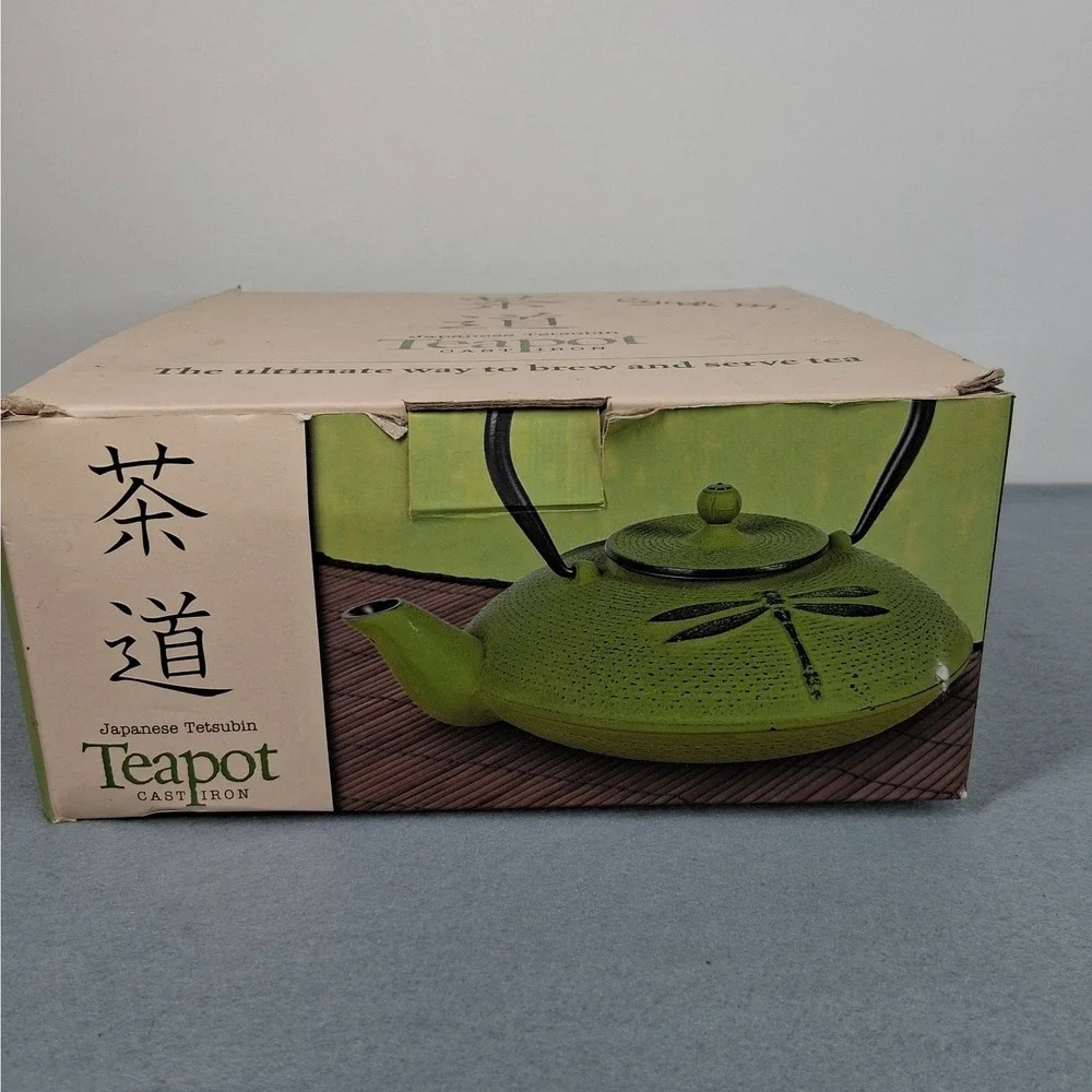 Japanese Tetsubin Teapot Green Cast Iron Dragonfly Enamel Interior NIB